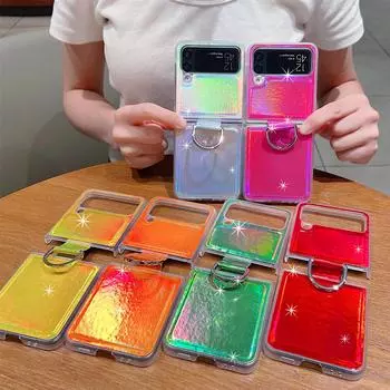 Чехол для Samsung Z Flip 4 3 Zflip4, цветной лазерный блестящий кольцевой кронштейн, кожаный складной противоударный силиконовый чехол, аксессуары For Samsung Z Flip 3 серебряный
