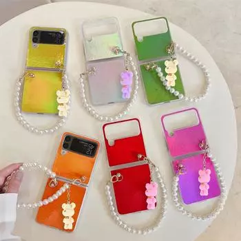 Чехол для Samsung Z Flip 4 3, красочный лазерный блестящий жемчужный браслет, милый кожаный складной противоударный чехол с 3d медведем, аксессуары For Samsung Z Flip 4 оранжевый