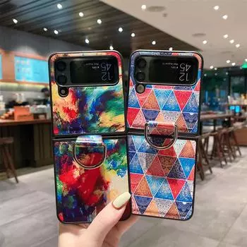 Чехол для Samsung Z Flip 4 Flip4, роскошный цветной окрашенный кольцевой кронштейн, кожаный складной противоударный силиконовый чехол, аксессуары For Samsung Z Flip 4