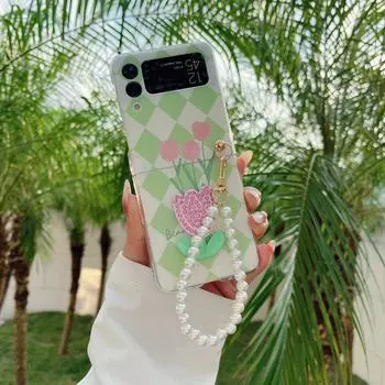 Чехол для Samsung Z Flip 4, полупрозрачный складной чехол с цветами тюльпана и браслетом для Samsung Z Flip 3 Zflip4, жесткая задняя крышка For Galaxy Z Flip 3