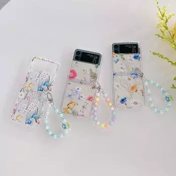 Чехол для Samsung Z Flip 4, прозрачный чехол с цветком и бабочкой с браслетом для Samsung Z Flip 3 Zflip4, противоударная жесткая задняя крышка For Z Flip 4