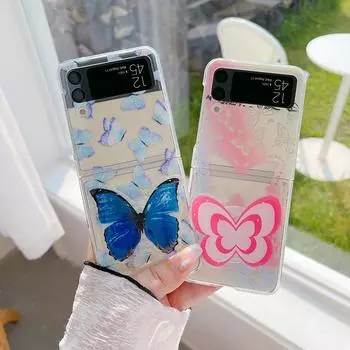 Чехол для Samsung Z Flip 4, прозрачный чехол с градиентом и бабочкой с держателем для Samsung Z Flip 3 Zflip4, противоударная жесткая задняя крышка For Z Flip 4