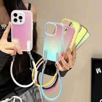 Чехол для телефона 2 в 1 для iPhone 16 Pro 15 14 Plus 13 12 Pro Max, тонкий, ударопрочный, с лазерным градиентом цвета и чехлом на ремешок для руки iPhone 16 чёрный