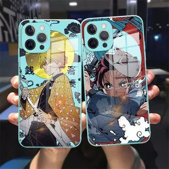 Чехол для телефона Anime Demon Slayer Kimetsu No Yaiba для iPhone 11 12 13 Pro Max X XR XS MAX X 8 7 Plus, бледно-синий чехол из закаленного стекла iPhone 7 8 SE2