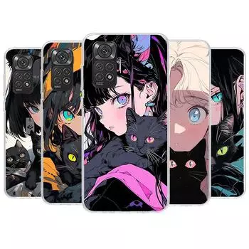 Чехол для телефона Anime Girls Cute Black Cat для Xiaomi Redmi Note 12 12S 11 11S 10 10S 9 9S 11T 11E Pro Plus 8 8T 7 5 9T + чехол-коробка Redmi Note 12 Pro 4G