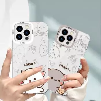 Чехол для телефона Apple 12, 15, 11, i14, mini, 7P из жидкого стекла с дизайном персикового кота для пар — тема «Все включено с чаем с молоком». iPhone15PRO