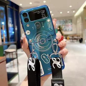 Чехол для телефона Blue-Ray с мультяшной камерой для любителей Samsung Galaxy Z Flip 3 2 1 5g, регулируемый плечевой ремень через плечо, задняя крышка For Samsung Z Flip 3