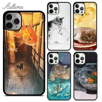 Чехол для телефона Cat And Goldfish для iPhone 11 12 13 14 Pro Max mini X XR XS SE 2020 5 6S 7 8 Plus Samsung Galaxy S21 S22 Cover shell iPhone 6plus