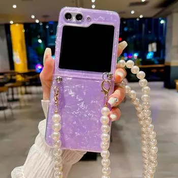 Чехол для телефона через плечо с блестящим узором в форме ракушки и жемчужной цепочкой для Samsung Galaxy Z Flip 5 4 3 Flip5 Flip4 Flip3 5G с плечевым ремнем Galaxy Z Flip3 5G розовый