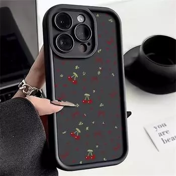 Чехол для телефона Cherry Bowknot из ТПУ с мягким матовым рисунком для iPhone 16 Pro Max 15 Pro 14 13 12 11 XR XS 8 7, противоударный защитный бампер для объектива iPhone 16 чёрный