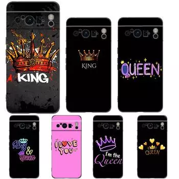 Чехол для телефона Crown QUEEN & KING для пар Google Pixel 8 7 6 Pro 6A 7A 5G, мягкий силиконовый противоударный чехол TPU черного цвета, Fundas Pixel 8 Pro