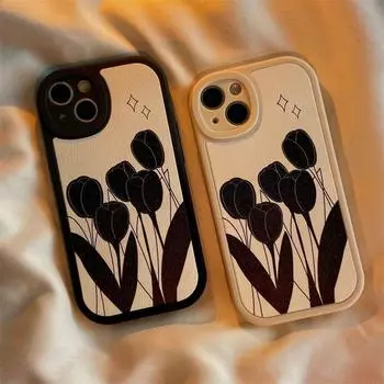 Чехол для телефона для IPhone 15 14 11 12 Pro Max XR X XS Max 6 6S 7 8 Plus SE 13 Мини-чехол из мягкой силиконовой кожи овчины с цветком тюльпана Iphone 15Pro Max