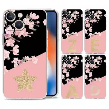 Чехол для телефона для iPhone 15 14 13 12 Mini 11 Pro Max XS X XR 7 8 Plus прозрачный противоударный силиконовый чехол из ТПУ с золотой буквой и цветком iPhone 15 Pro