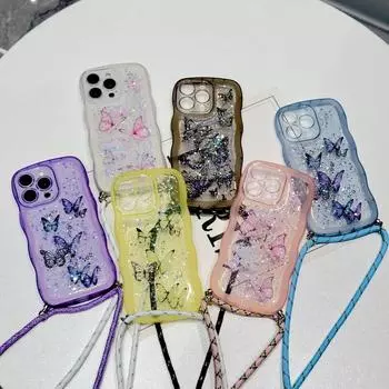 Чехол для телефона Frosted Wave Frame с ремешком через плечо для iPhone 16, 15 Plus, 14 Pro, 13, 12 Pro Max, 11, блестящий, с бабочками, прозрачный, ударопрочный, мягкий, из ТПУ iPhone 16 белый