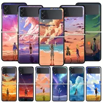 Чехол для телефона Genshin Impact Game Landscape для Samsung Galaxy Z Flip 4 5, 3-складной, черный, жесткий чехол из ПК для Samsung Z Flip5, чехол Samsung Z Flip 3