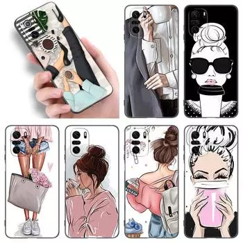 Чехол для телефона Girl Coffee Female для Xiaomi POCO F2 F3 M2 M3 M4 X3 X4 Pro NFC F4 GT 5G F1 X2 C3 C31 C40 M5S из мягкого ТПУ черного цвета Xiaomi POCOphone F1