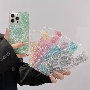 Чехол для телефона Glitter Drop Glue Stone Print Clear для iPhone 16 15 Pro Max 14 Pro 13 12 11 для MagSafe Slim Transparent Shockproof Magnetic Bumper Cover iPhone 16 серебряный