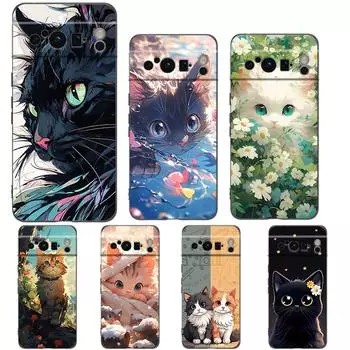Чехол для телефона Google Pixel 8 A 7 6 Pro 6A 5G, черный, мягкий противоударный чехол, силиконовый чехол из ТПУ, мультяшный милый кот, модный арт Pixel 8 A