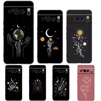 Чехол для телефона Google Pixel 8 A 7 6 Pro 6A 5G, черный, мягкий, противоударный, задняя крышка, силиконовый корпус из ТПУ, простота, линия искусства, солнце и луна Pixel 8 A