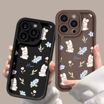 Чехол для телефона iPhone 15 14 13 12 11 Pro Max X XR XS Max 7 8 Plus с рисунком милого кролика в виде цветка, чехлы для телефонов, силиконовый противоударный бампер, задняя крышка iPhone 15 дубильная кора