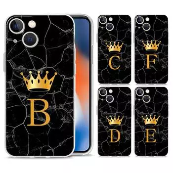 Чехол для телефона iPhone 15 14 13 12 Mini 11 Pro Max XS X XR 7 8 Plus прозрачный противоударный силиконовый чехол TPU с изображением короны и букв A–Z iPhone 15Pro Max