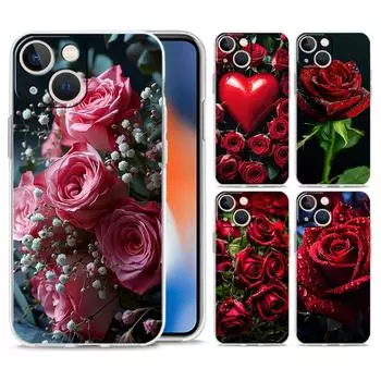 Чехол для телефона iPhone 15 14 13 12 Mini 11 Pro Max XS X XR 7 8 Plus, прозрачный противоударный силиконовый чехол, красивые цветы красной розы iPhone 12
