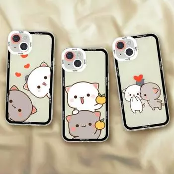 Чехол для телефона iPhone Fun с рисунком персика-моти и котом для iPhone 14 13 12 11 Pro Max Mini 14 Plus 12 13 MINI, мягкий прозрачный чехол iphone 13ProMax