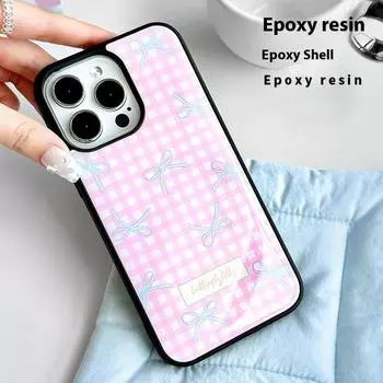 Чехол для телефона из эпоксидной смолы, совместимый и подходящий для huawei iPhone15 14 13/12/11promax/xsmax/xr 7/8plusSE, розовый клетчатый бант 15