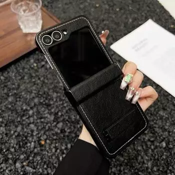 Чехол для телефона из деловой кожи 3 шт. для Samsung Galaxy Z Flip6 Flip5 Flip4 Flip3, однотонный, тонкий, жесткий, противоударный, складной чехол-кронштейн из поликарбоната Samsung Z Flip6 чёрный