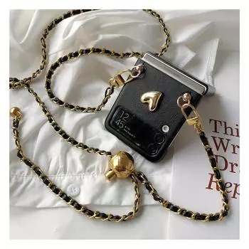 Чехол для телефона из искусственной кожи с 3d мультяшным золотистым сердечком для Samsung Galaxy Z Flip 3 4 5g, роскошный регулируемый чехол с ремешком через плечо-цепочкой For Samsung Z Flip 4