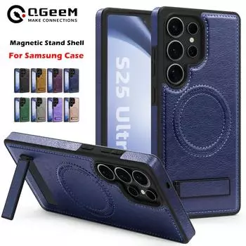 Чехол для телефона из искусственной кожи с беспроводной зарядкой и магнитным креплением для Samsung Galaxy S24 Ultra S23 S22 Plus с подставкой и противоударным покрытием Samsung S22 чёрный
