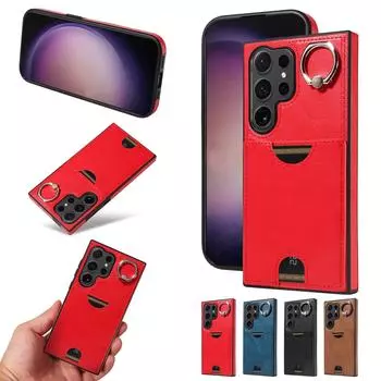 Чехол для телефона из искусственной кожи в стиле ретро с одной прорезью и пряжкой на палец для Samsung Galaxy S22, S23, S24, A05, A12, A13, A14, A15, A52, A72, A22, A24... Samsung Galaxy S24 Ultra чёрный