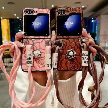 Чехол для телефона из кожи с цветком через плечо для Samsung Galaxy Z Flip 6 5 4 3 Flip6 Flip5 Flip4 Flip3 5G, прочный противоударный чехол Galaxy Z Flip5 красный