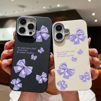 Чехол для телефона из кожи с однотонным рисунком в виде банта для iPhone 16 Pro 15 14 Plus 13 12 Pro Max 11, ударопрочный матовый мягкий тонкий чехол из ТПУ iPhone 16 фиолетовый/чёрный