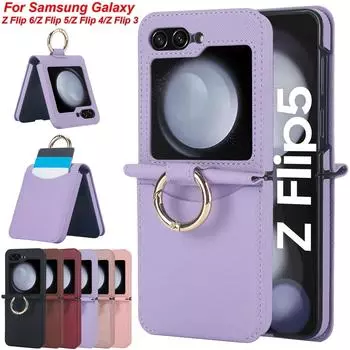 Чехол для телефона из кожи с перекрестным зернением и кольцом для Samsung Galaxy Z Flip 6 5 4 3 5G Z Flip6 Flip5 Z Flip4 Z Flip3 Кошелек с держателем для карт Противоударный чехол Samsung Galaxy Z Flip 3 чёрный