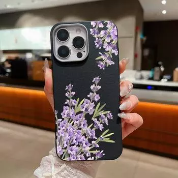 Чехол для телефона из матовой кожи TPU с фиолетовым цветочным принтом для iPhone 16 Pro Max 15 Plus 14 Pro 13 12 11, тонкий, мягкий, противоударный, бампер iPhone 16 чёрный