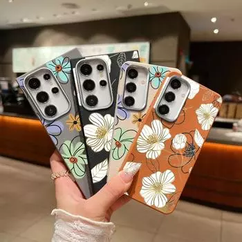 Чехол для телефона из матовой кожи TPU с цветочным принтом для Samsung S25 Ultra S24 FE S23 S22 S21 A56 A36 A16 A15 A55 A35, тонкий, противоударный, мягкий, задняя крышка Samsung S25 белый/чёрный