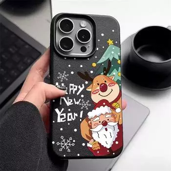 Чехол для телефона из мягкой кожи TPU с рождественским рисунком Санта-Клауса и лося для iPhone 16 Pro 15 14 13 12 Pro Max 11, однотонный матовый ударопрочный тонкий чехол iPhone 16 чёрный