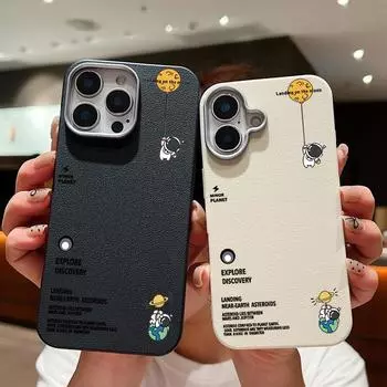 Чехол для телефона из однотонной кожи с текстурой подвесного шара и узором астронавта для iPhone 16 Pro 15 14 Plus 13 12 Pro Max 11, ударопрочный, мягкий, из ТПУ, тонкий чехол iPhone 16 чёрный