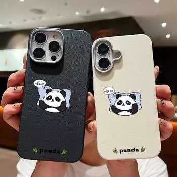 Чехол для телефона из однотонной кожи с текстурой спящей панды для iPhone 16 Pro 15 14 Plus 13 12 Pro Max 11, ударопрочный, мягкий, из ТПУ, тонкий чехол iPhone 16 серый