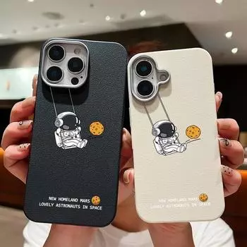 Чехол для телефона из однотонной кожи с текстурой Swing Astronaut Pattern для iPhone 16 Pro 15 14 Plus 13 12 Pro Max 11, ударопрочный, мягкий, из ТПУ, тонкий чехол iPhone 16 чёрный