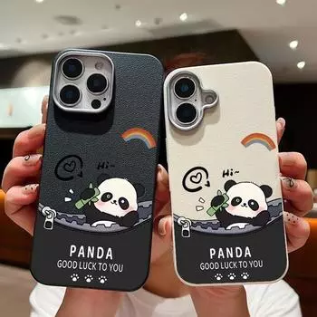 Чехол для телефона из однотонной кожи с текстурой милого мультяшного рисунка в виде панды для iPhone 16 Pro 15 14 Plus 13 12 Pro Max 11, ударопрочный, мягкий, из ТПУ, тонкий чехол iPhone 16 серый