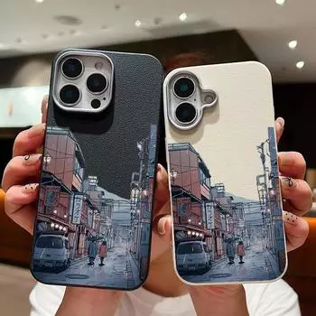 Чехол для телефона из однотонной кожи с мультяшным рисунком города для iPhone 16 Pro 15 14 Plus 13 12 Pro Max 11, ударопрочный, мягкий, из ТПУ, тонкий чехол iPhone 16 чёрный