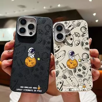Чехол для телефона из однотонной кожи с текстурой из мультфильма «Астронавт» для iPhone 16 Pro 15 14 Plus 13 12 Pro Max 11, ударопрочный, мягкий, из ТПУ, тонкий чехол iPhone 16 чёрный