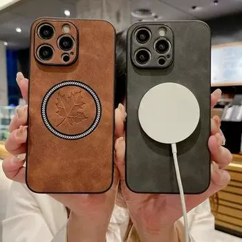 Чехол для телефона Lambskin Maple Leaf для iPhone 16 15 14 13 Pro Max 12 Pro 11 XS XR 8 7 Plus, магнитный, противоударный, роскошный, кожаный, тонкий, для Magsafe, чехол iPhone 15 темно серый