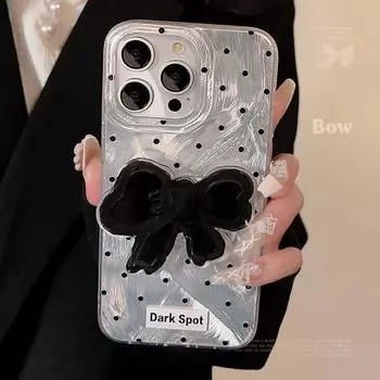 Чехол для телефона из перьевой марли в горошек с черным бантом 15promax