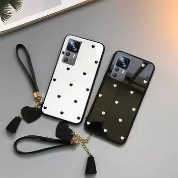 Чехол для телефона из закаленного стекла для Xiaomi 12T Pro 12S Ultra Love Heart, жесткий противоударный чехол для Mi 12X 11T Pro 10T Lite 11i 10 Pro, чехол с ремешком, Fundas For Mi 12T чёрный