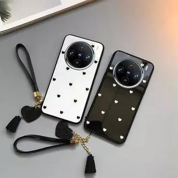 Чехол для телефона из закаленного стекла Love Heart для VIVO X100 Pro X100S, противоударная жесткая задняя крышка для VIVO X100 S X100 Ultra с ремешком с кисточкой For vivo X100 белый