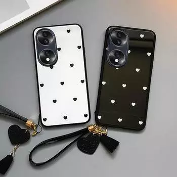 Чехол для телефона из закаленного стекла с сердечком для Honor X9B X9A X8B X8A X7A X7B 200 100 90 70 Magic 6 5 Lite, противоударная жесткая задняя крышка с ремешком с кисточкой Honor X9B чёрный