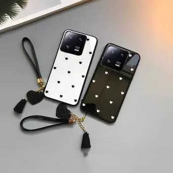 Чехол для телефона из закаленного стекла с сердечком для Xiaomi 14 Pro Mi 14 Ultra 13 Lite 12 Pro 11 Lite 13T 12T 11T, твердый чехол с ремешком с кисточкой for Xiaomi 14